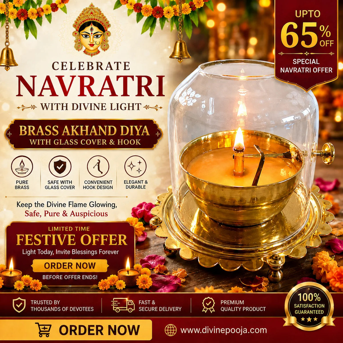 Akhand Diya Lamp with Adjustable wick & Glass