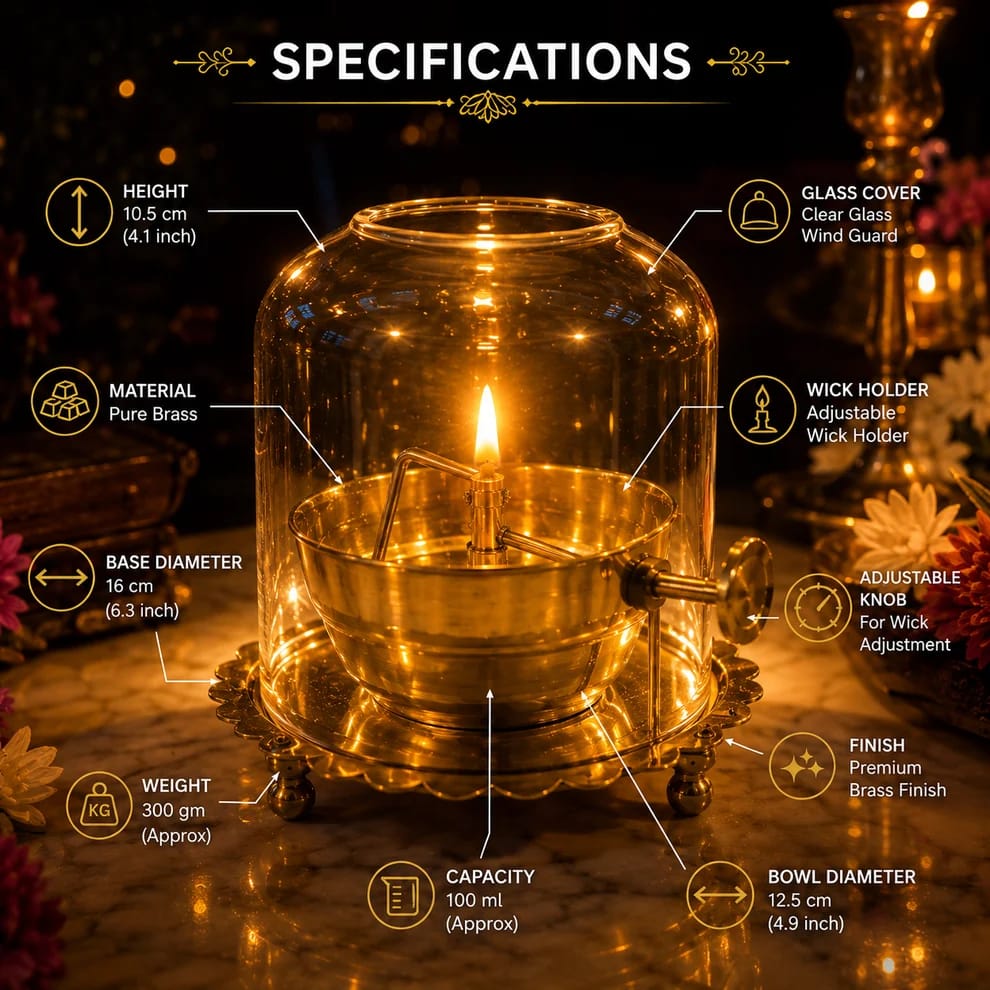 Akhand Diya Lamp with Adjustable wick & Glass